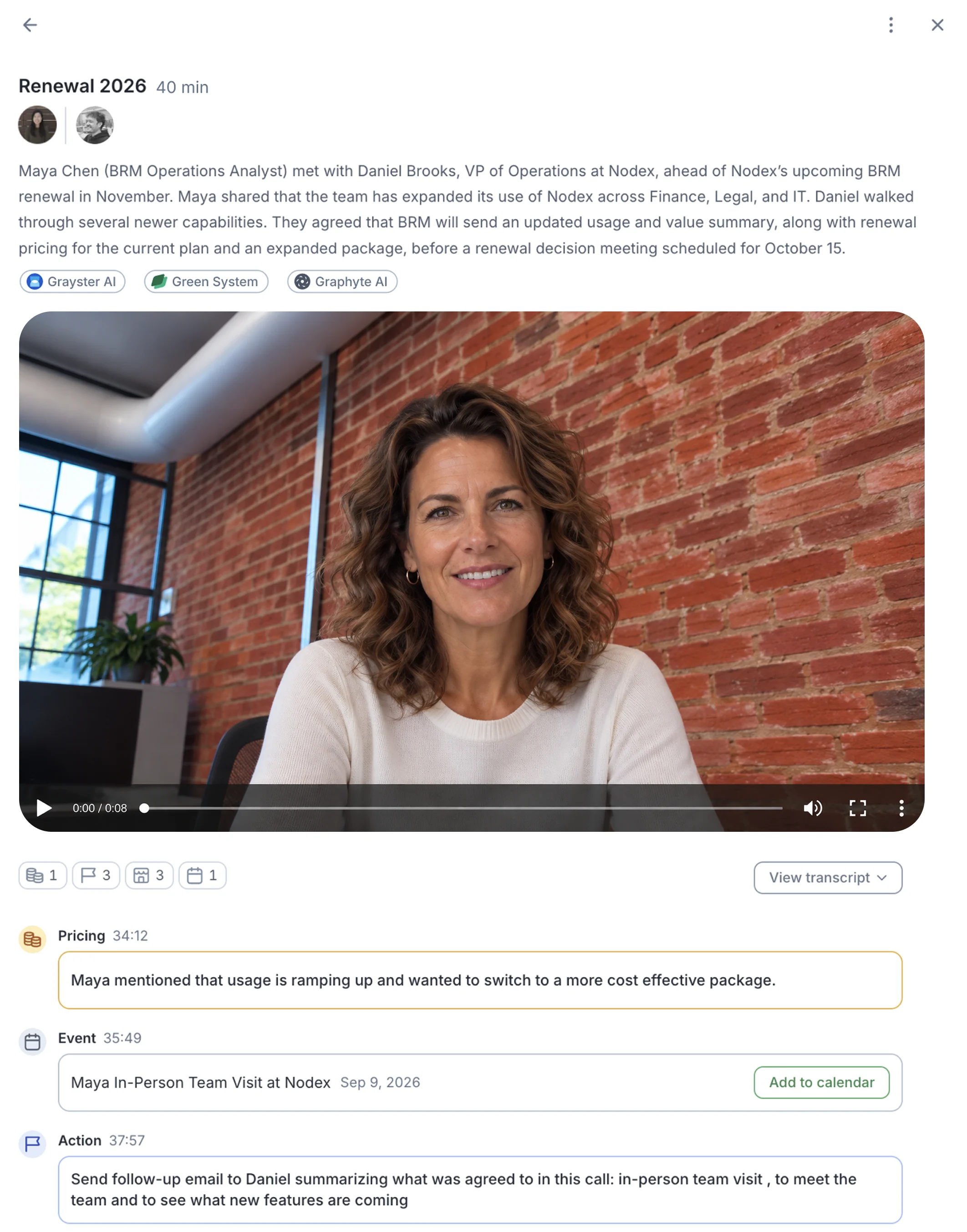 A Nota meeting in BRM: a summary of the Renewal 2026 call with Nodex, the call recording, and signals Nota captured — a pricing note at 34:12, a suggested calendar event at 35:49 with an Add to calendar button, and a follow-up action at 37:57.