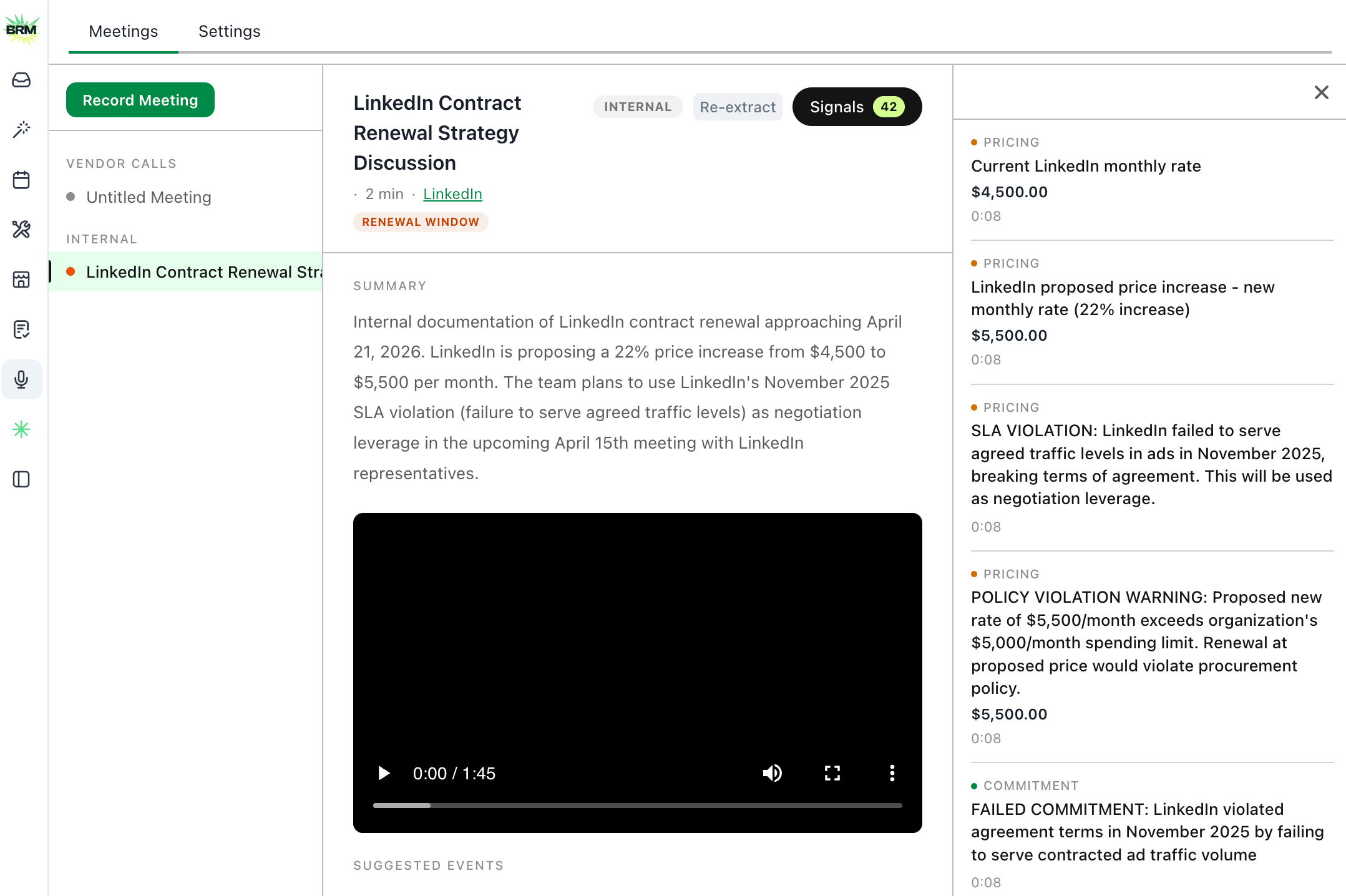 Nota AI meeting intelligence — vendor call summary with alerts, Slack nudges, and pattern detection