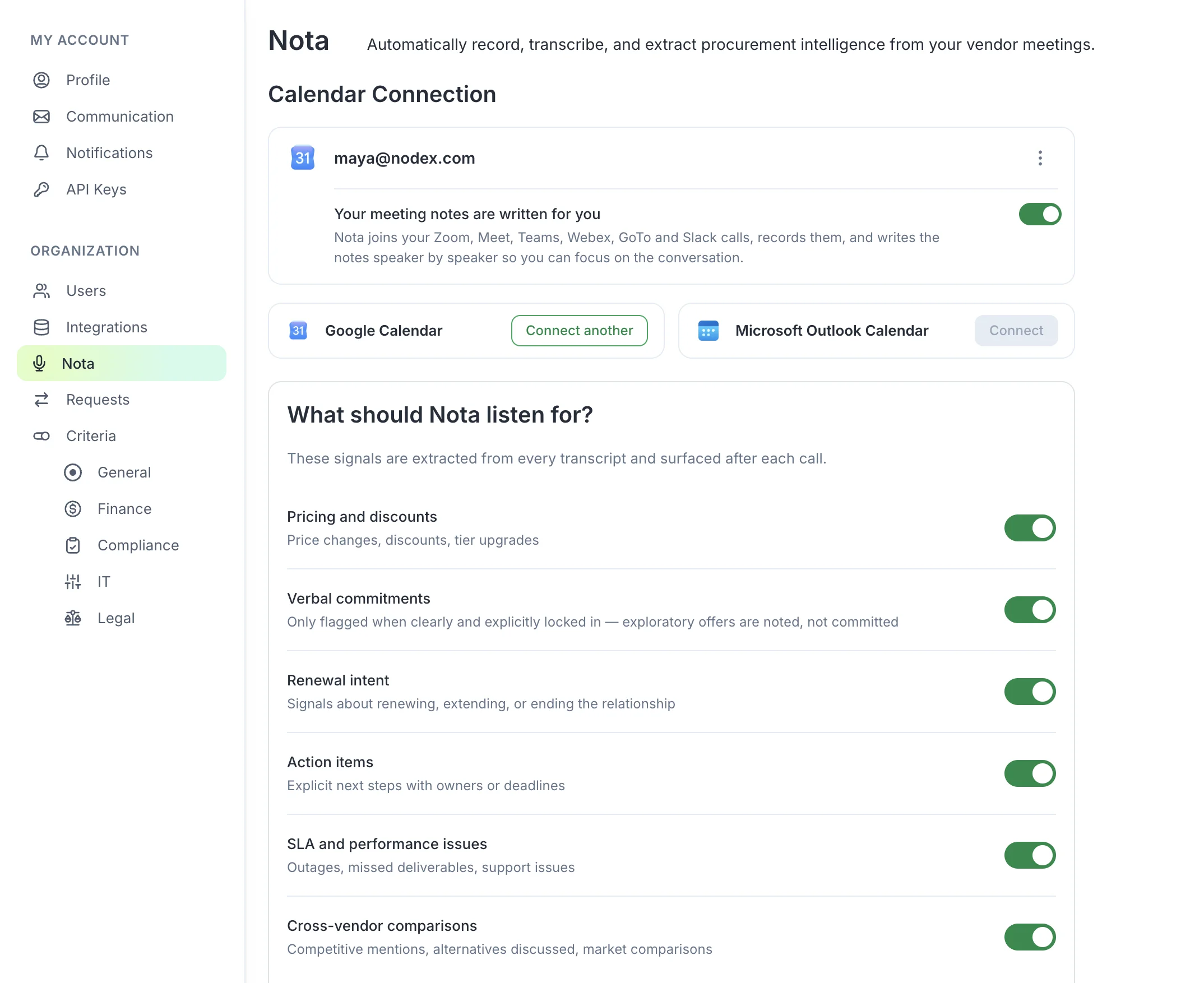 Nota settings in BRM under My Account: a connected Google Calendar with meeting notes turned on, and toggles for what Nota should listen for — pricing and discounts, verbal commitments, renewal intent, action items, SLA and performance issues, and cross-vendor comparisons.